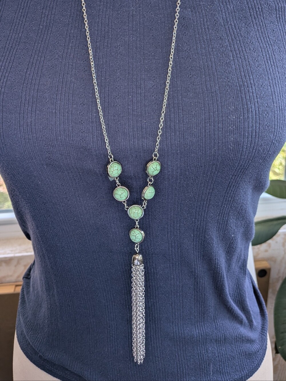 Silver Tone Faux Turquoise Stone Y-Drop Chain Tassel Long Pendant Necklace